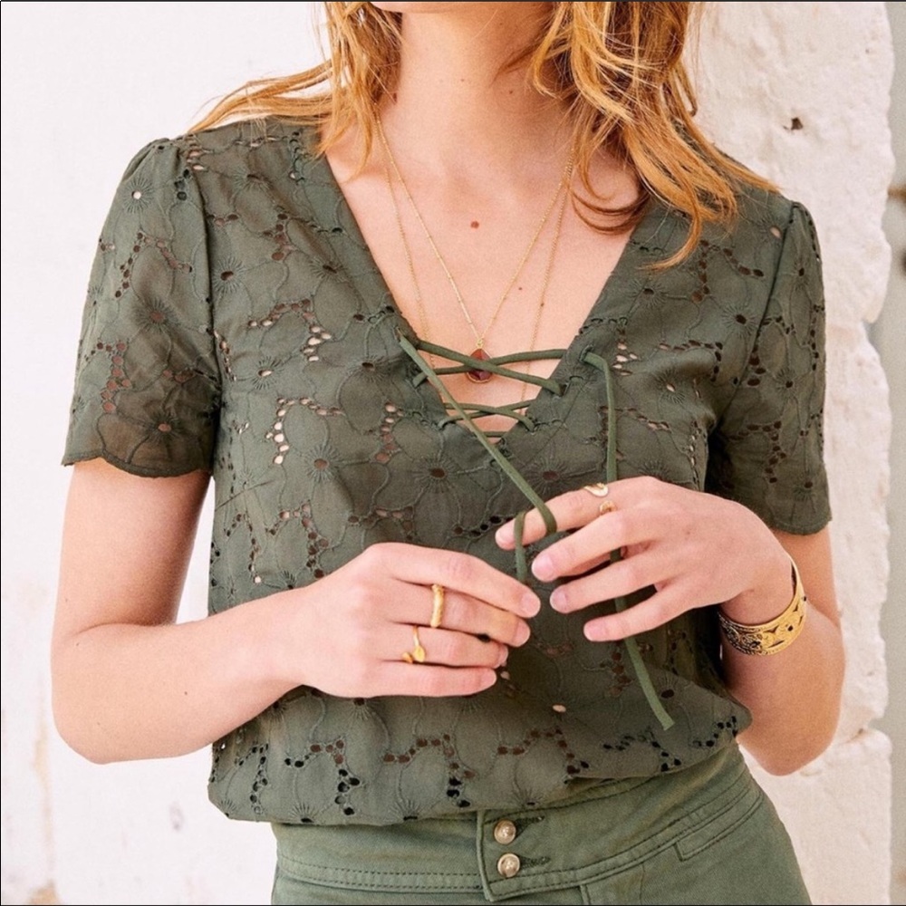Sezane calandra blouse, eyelet lace top, 38 Euc